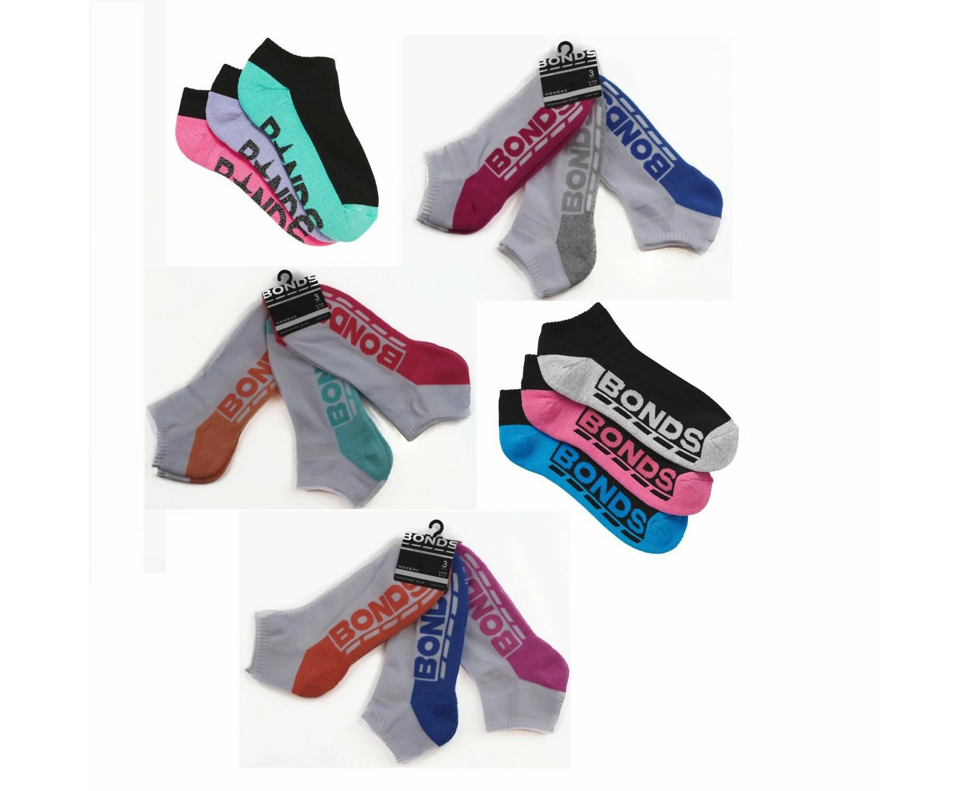 9 Pairs X Womens Bonds Low Cut Ankle Sports Socks - Assorted Colours! Cotton/Elastane/Nylon - Multi