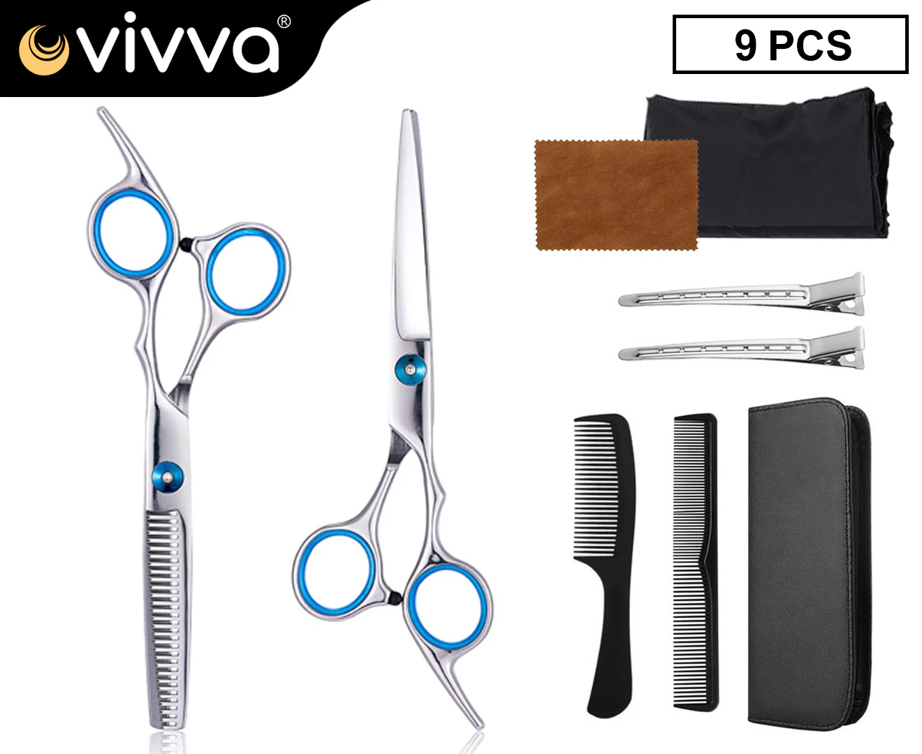 Vivva 9PCS Professional Stainless Steel Hair Cutting Thinning Scissors Barber Tool Hair Scissor Comb Set Hairdressing Shears Kit-Blue