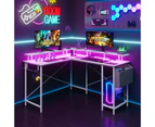 Advwin White L Desk Gaming Desk with Monitor Stand Computer Desk with   LED Lights & Power Outlets Corner Desk with Hooks