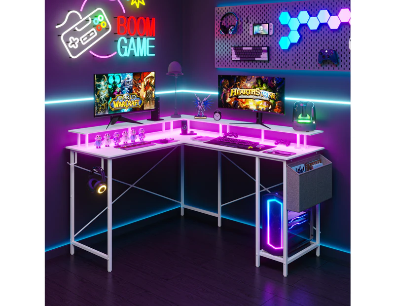 Advwin White L Desk Gaming Desk with Monitor Stand Computer Desk with   LED Lights & Power Outlets Corner Desk with Hooks