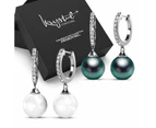 Boxed 2 Pairs Flawless Pearl Drop Hoop Earrings Set iEmbellished with SWAROVSKI® Crystal Iridescent Tahitian Look Pearls in White Gold