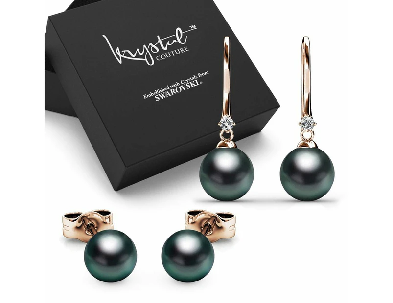 Boxed Magnificent Pearl Hook and Purity Pearl Stud Earrings Set in Rose Gold Embellished with SWAROVSKI® Crystal Iridescent Tahitian Look Pearls