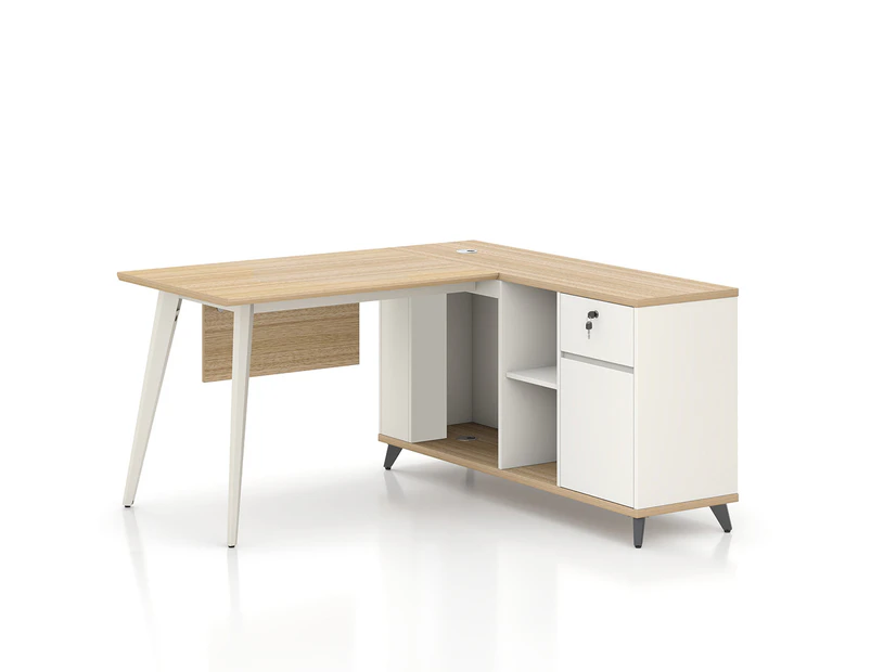 140cm L-Shaped Executive Office Desk Workstation Drawer Cabinet Shelf Oak White