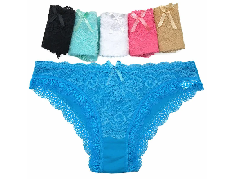 12 X Womens Solid Transparent Lace Briefs Bikini Undies Sexy Underwear With Bow - Multicoloured
