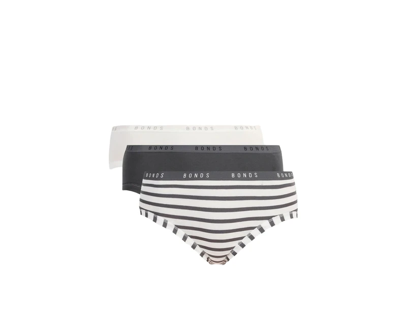 18 Pairs X Bonds Womens Cottontail Midi Underwear White/Charcoal Stripes Cotton/Elastane - White / Charcoal Stripes