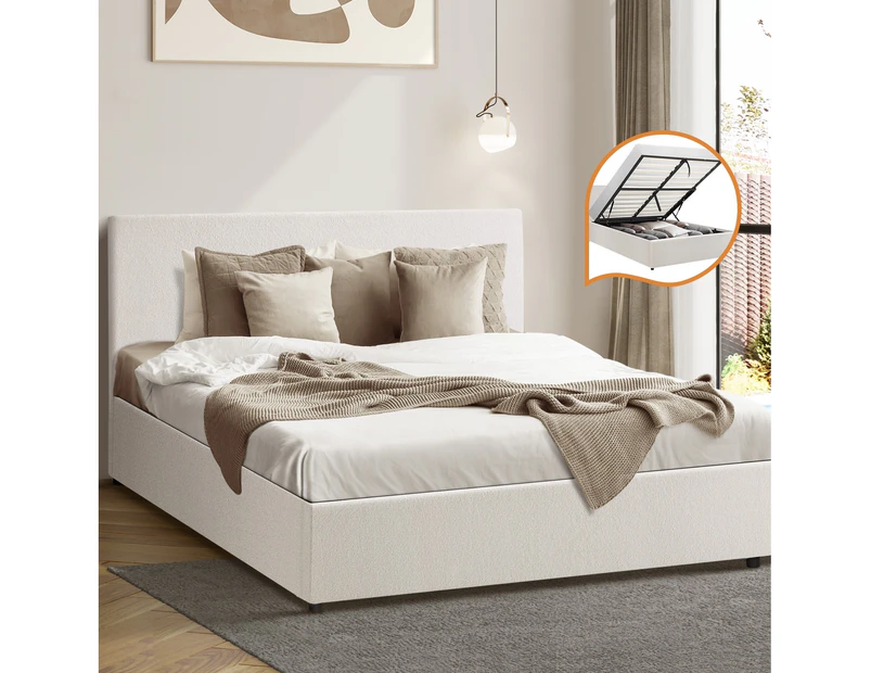 Oikiture Bed Frame Double Size Gas Lift Base With Storage White Boucle