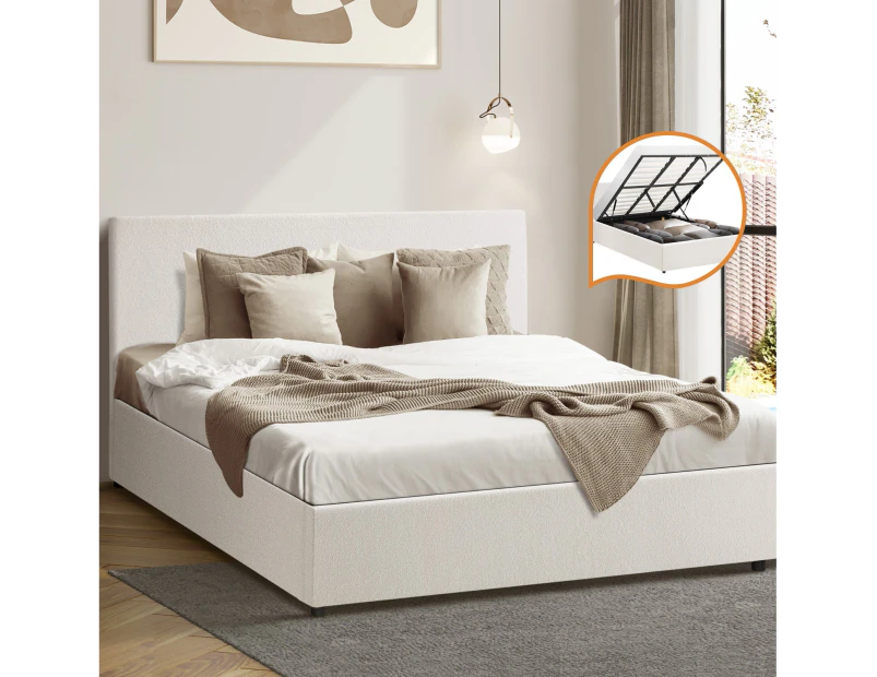 Oikiture Bed Frame King Size Gas Lift Base With Storage White Boucle