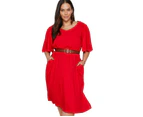 AUTOGRAPH - Plus Size - Womens Dress -  V Neck Elbow Sleeve Midi Woven Dress - Red