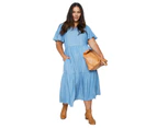 AUTOGRAPH - Plus Size -  Woven Short Sleeve Tiered Lyocell Midi Dress - Light Wash