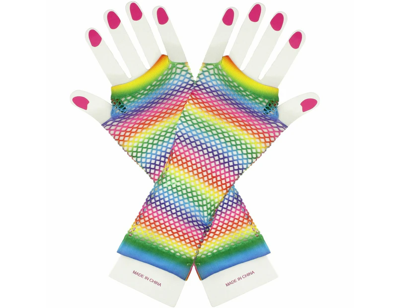 Rainbow Stripe Fishnet Gloves