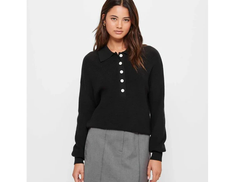 Knit Long Sleeve Polo Jumper - Lily Loves - Black