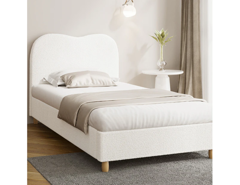 Oikiture Bed Frame Single Size Boucle Cloud Shape Headboard Wood Slats White