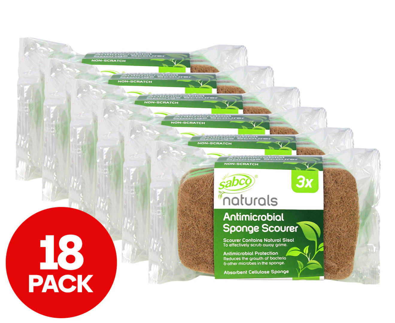 6 x 3pk Sabco Naturals Antimicrobial Sponge Scourer