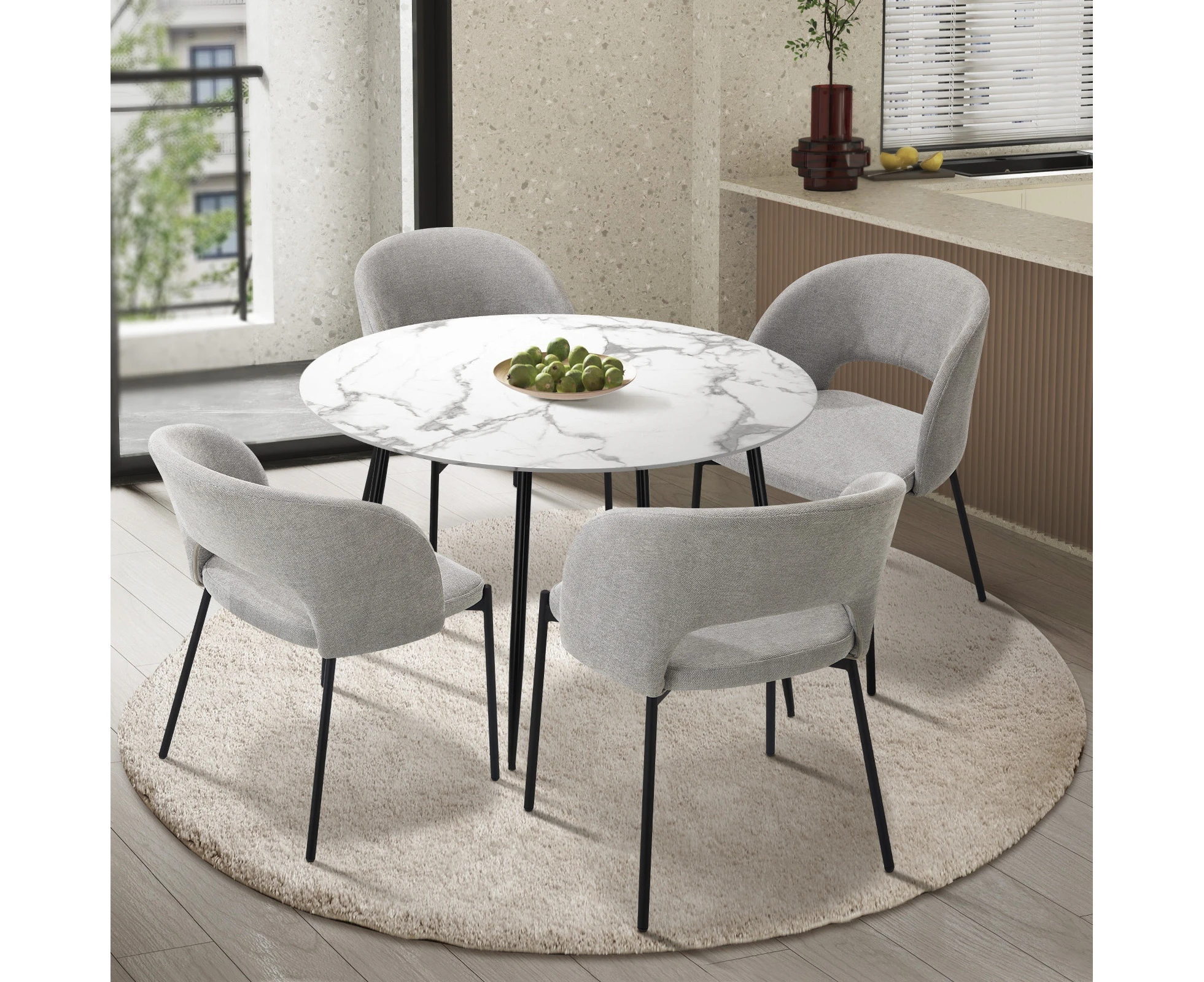 Oikiture 5PCS Dining sets 110cm Round Table with 4PCS Chairs Fabric Grey