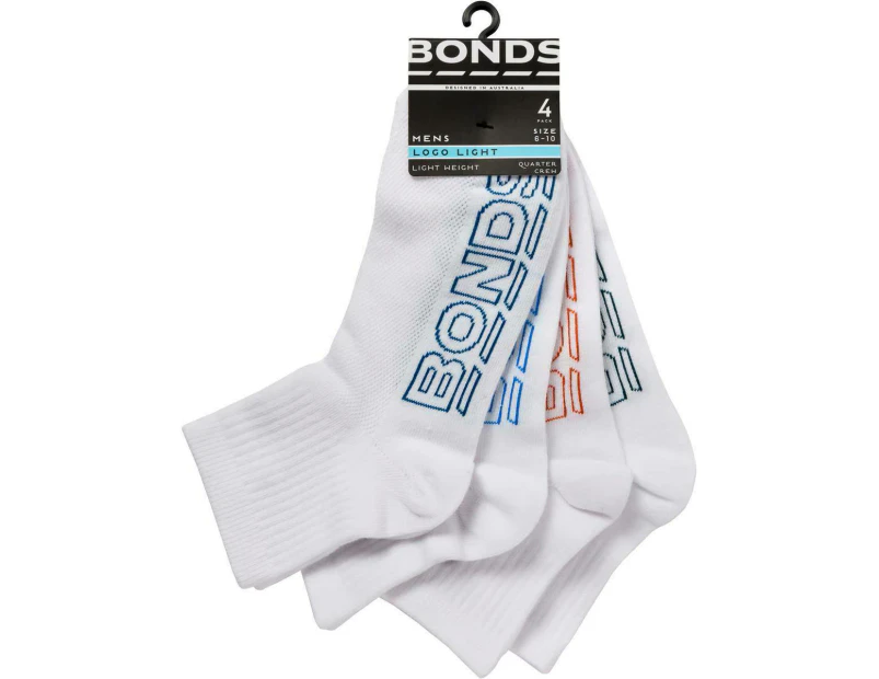 12 X Bonds Quarter Crew Socks Mens Sport Running Gym Sock Black White Cotton - White with Multi Logo