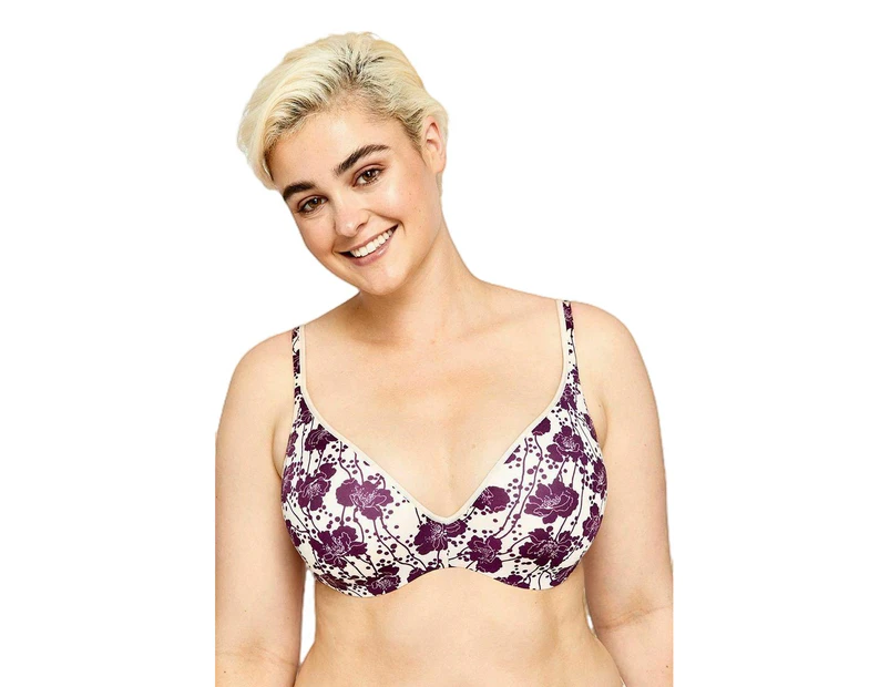 Women 2 x Berlei Barely There Contour Tshirt Bra White Black Nude Pink Blue Underwire Elastane/Nylon - Purple Flowers