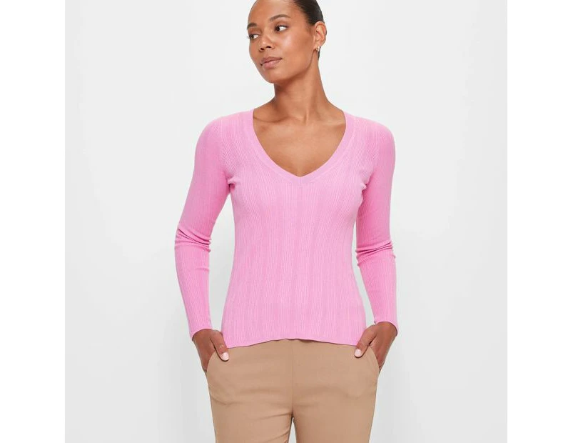 V-Neck Variegated Rib Knit Top - Preview - Pink