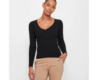 V-Neck Variegated Rib Knit Top - Preview - Black