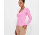 V-Neck Variegated Rib Knit Top - Preview - Pink