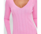 V-Neck Variegated Rib Knit Top - Preview - Pink