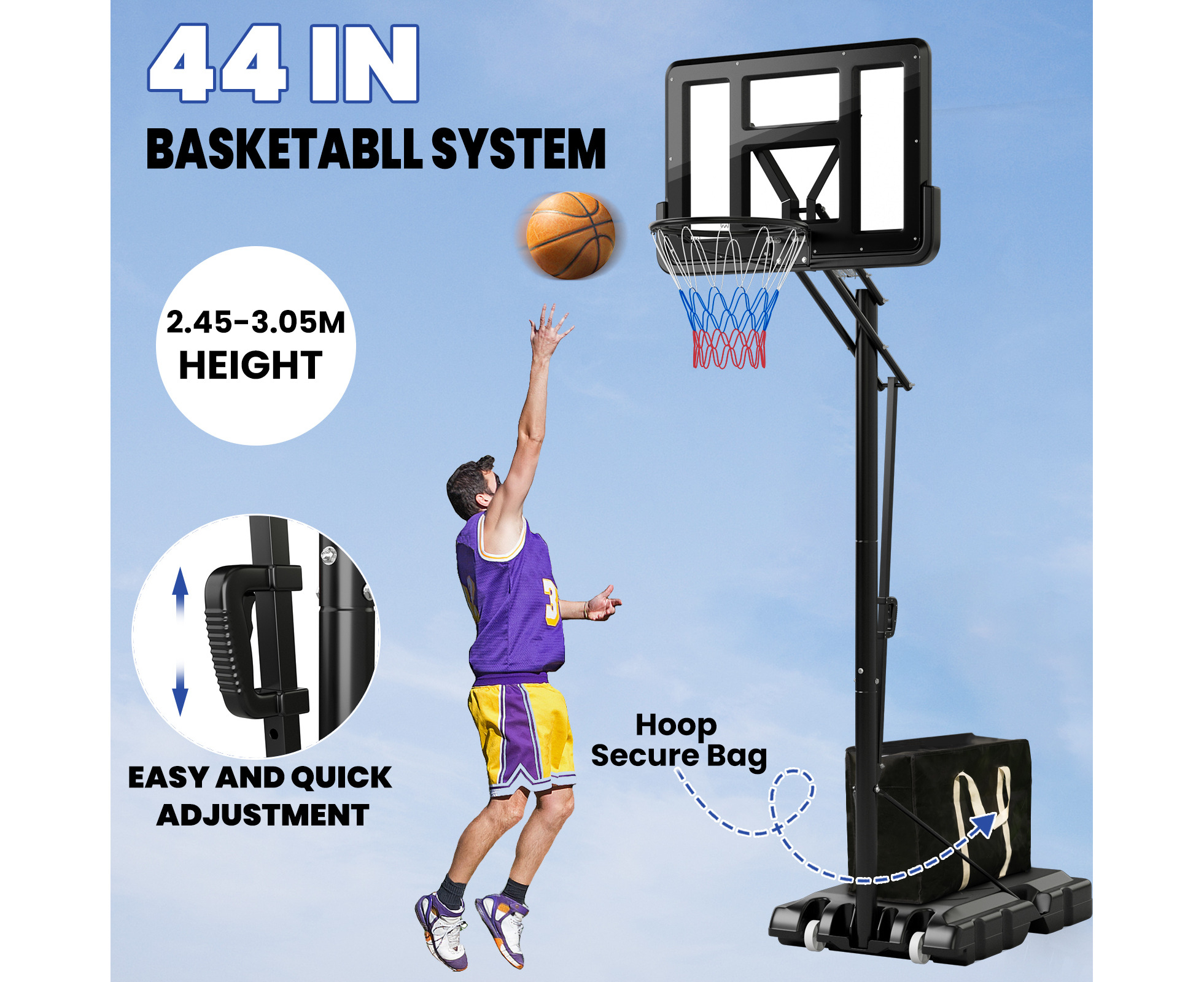 Costway 3.05m Basketball Hoop Stand System Adjustable Height Outdoor ...