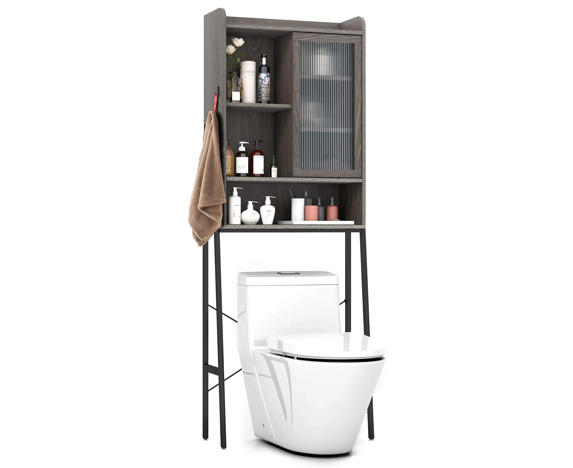 Giantex Over the Toilet Cabinet Bathroom Storage Shelf Space Saver w/Sliding Acrylic Doors/Adjustable Shelf/Hooks Grey