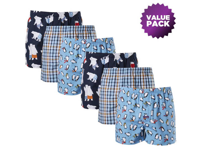Mitch Dowd - Men's Polar Bears & Penguins Cotton Boxer Shorts Value 6 Pack - Blue