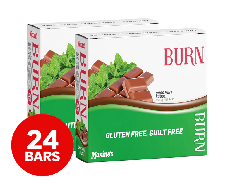 2 x 12pk Maxine's Burn Protein Bars Choc Mint Fudge 40g