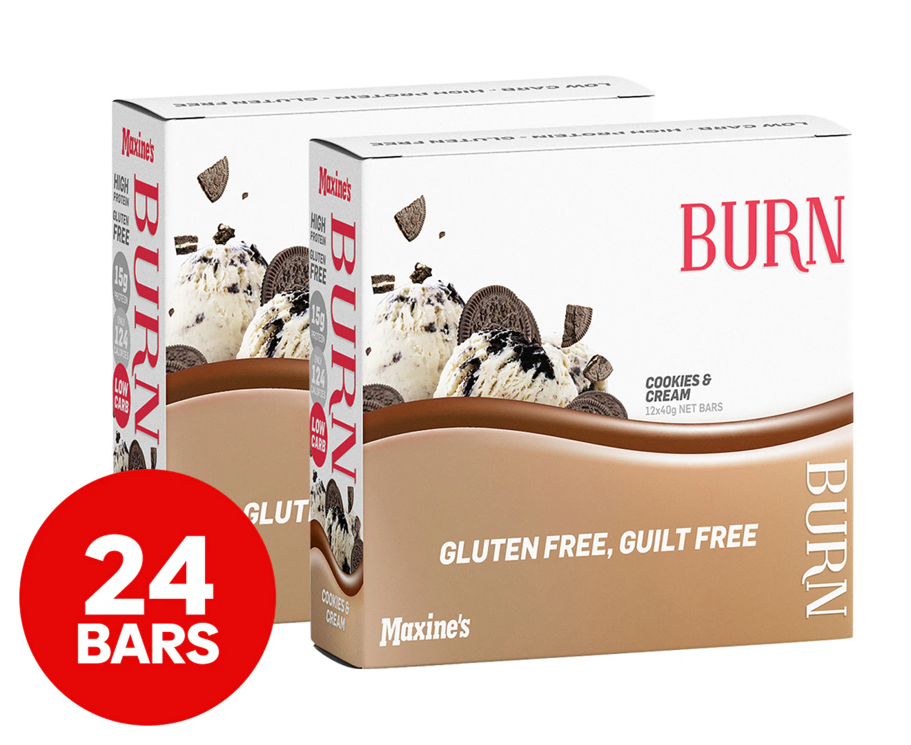 2 x 12pk Maxine's Burn Protein Bars Cookies & Cream 40g