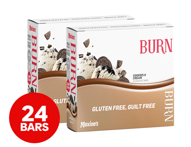 2 x 12pk Maxine's Burn Protein Bars Cookies & Cream 40g