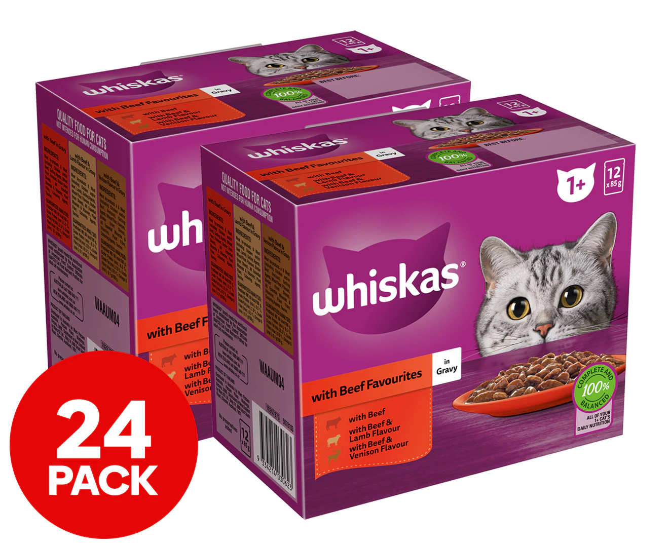 2 x 12pk Whiskas 1+ Years Cat Food Beef in Gravy 85g