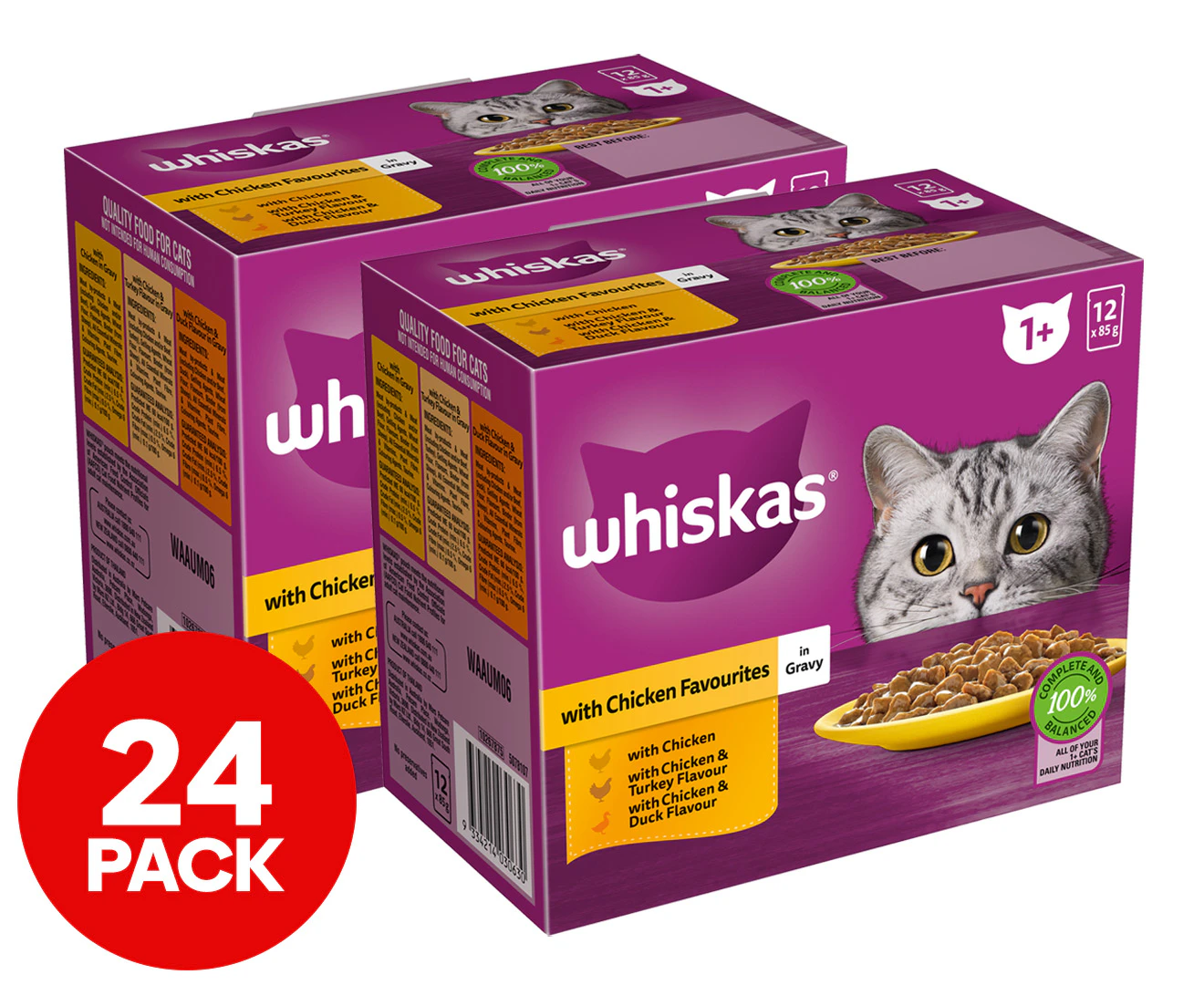 2 x 12pk Whiskas Adult Wet Cat Food w/ Chicken Favourites in Gravy 85g