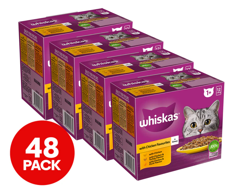 4 x 12pk Whiskas 1+ Years Cat Food Chicken Favourites in Gravy 85g
