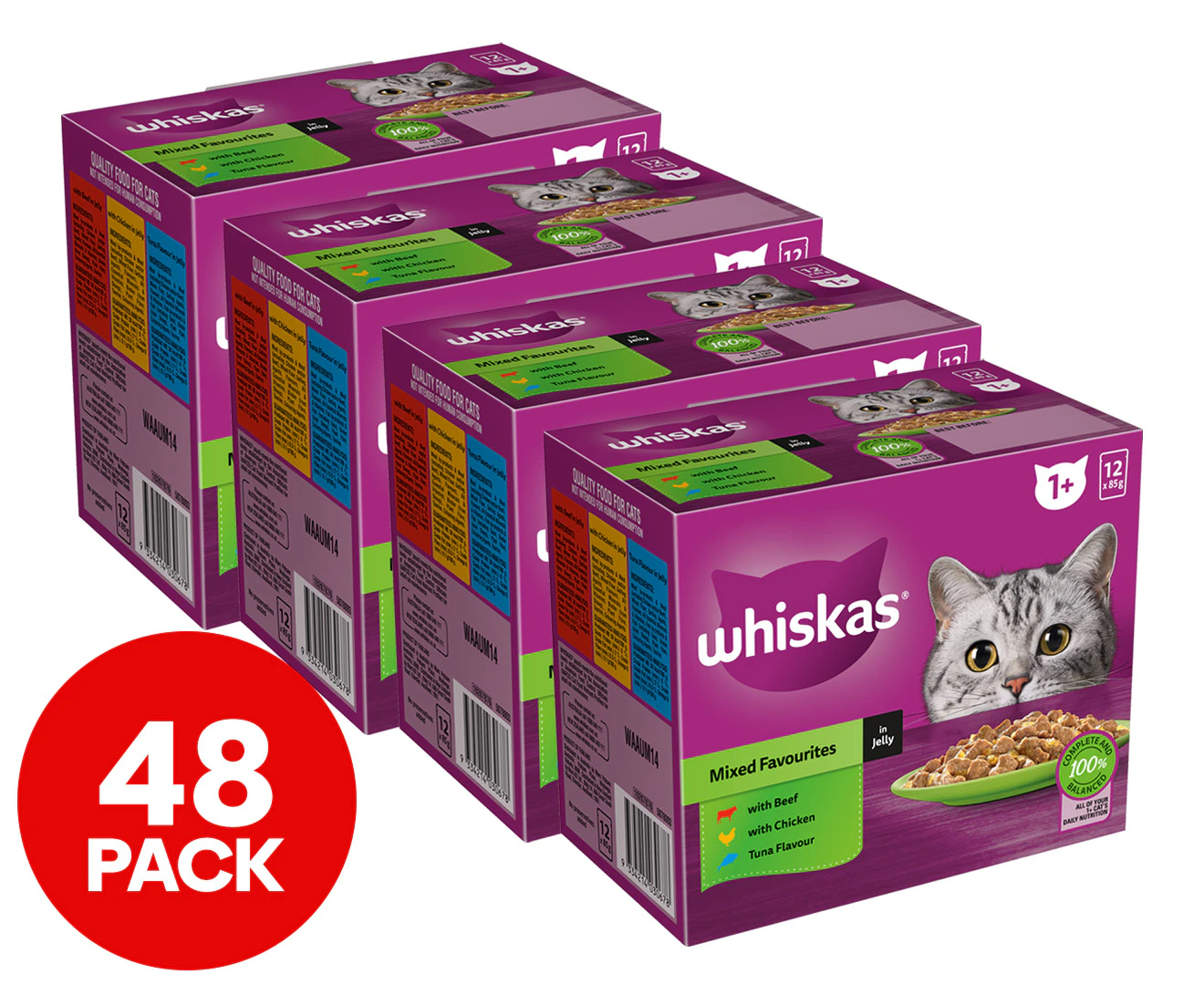 4 x 12pk Whiskas 1+ Years Cat Food Mixed Favourites in Jelly 85g