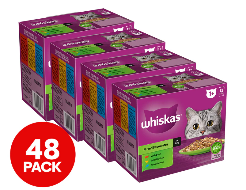 4 x 12pk Whiskas 1+ Years Cat Food Mixed Favourites in Jelly 85g