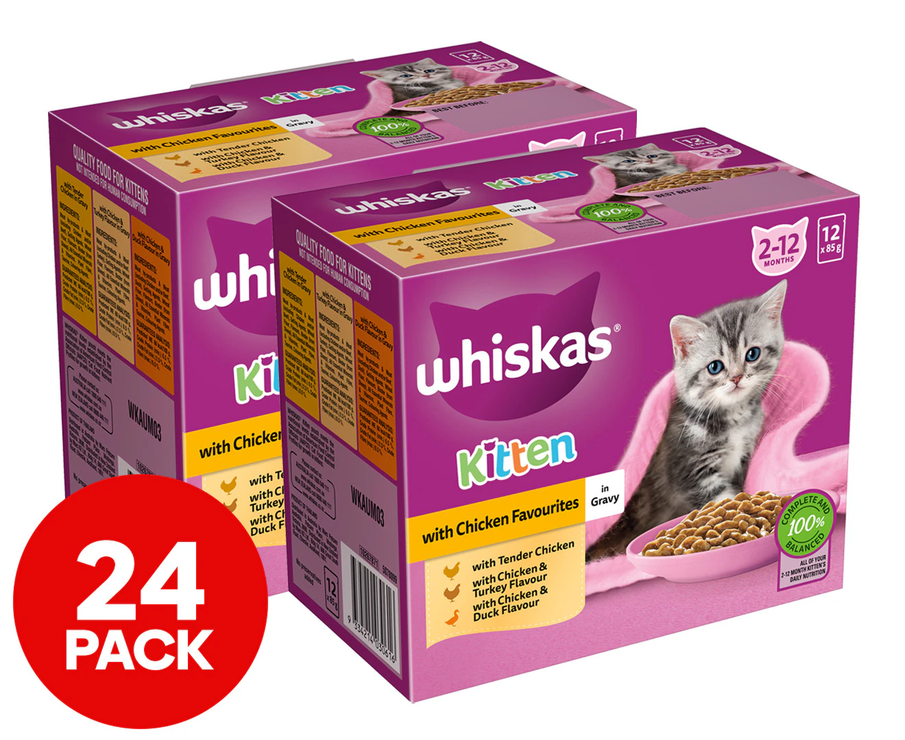 2 x 12pk Whiskas Kitten Wet Cat Food with Chicken Favourites in Gravy 85g