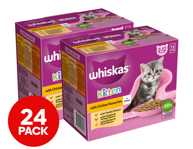 2 x 12pk Whiskas Kitten Wet Cat Food with Chicken Favourites in Gravy 85g