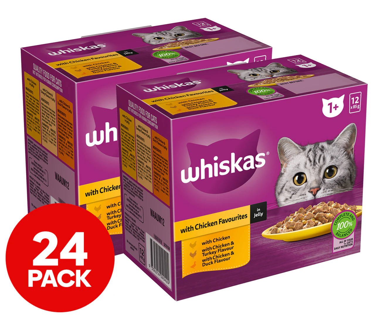 2 x 12pk Whiskas 1+ Years Cat Food Chicken Favourites in Jelly 85g