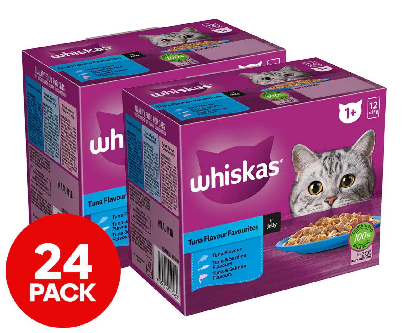 2 x 12pk Whiskas 1+ Years Cat Food Tuna Flavour Favourites in Jelly 85g