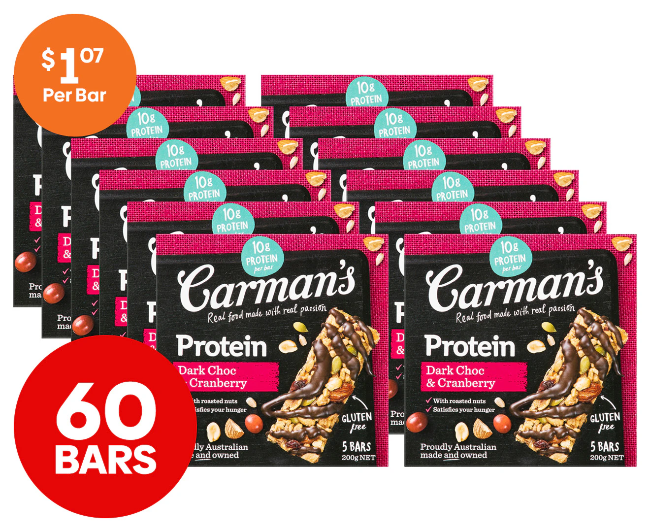 2 x 30pk Carman's Gourmet Protein Bars Dark Choc & Cranberry 200g