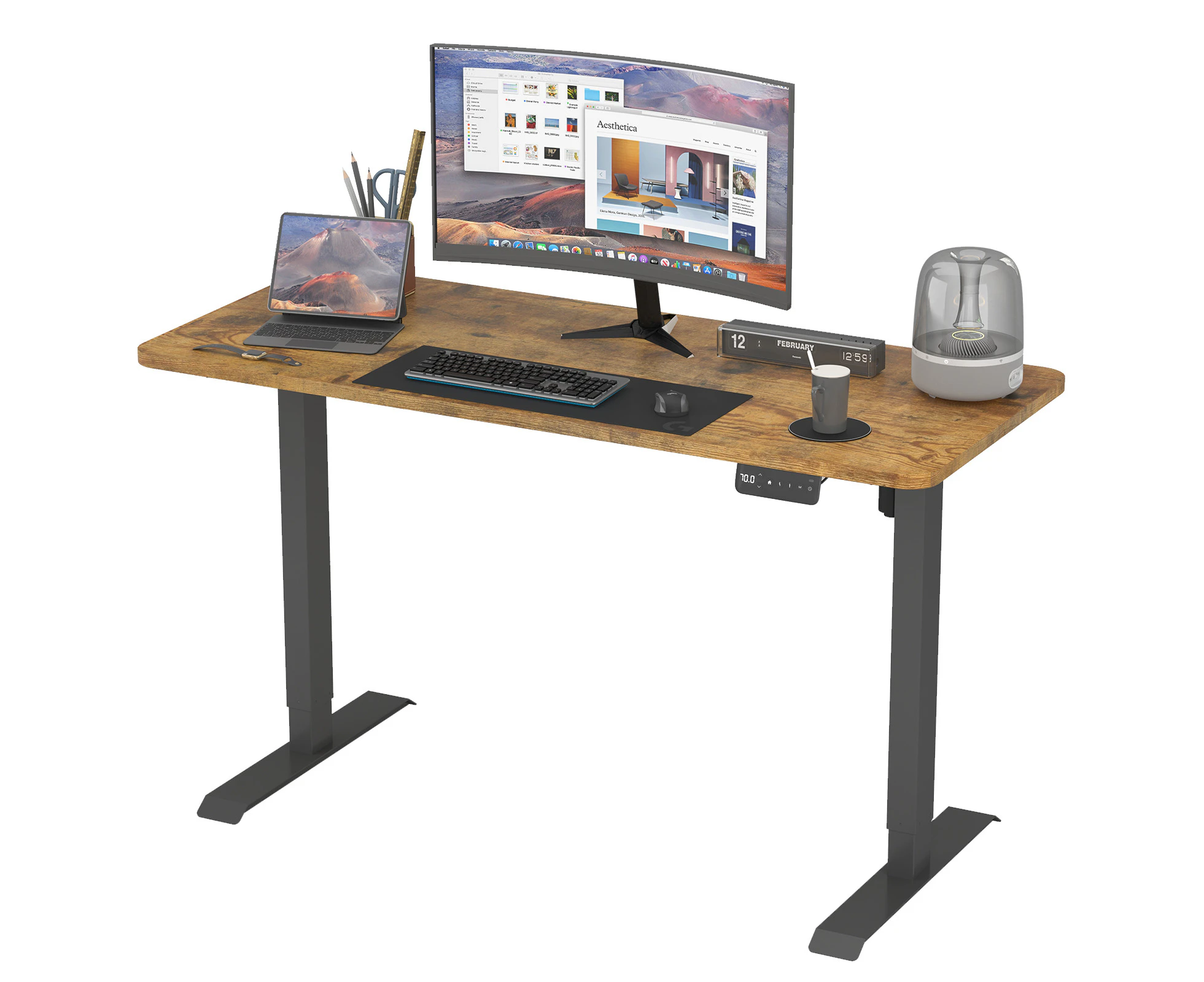 Ufurniture Electric Standing Desk Height Adjustable 140cm Splice Board Black Frame/Walnut Color Table Top