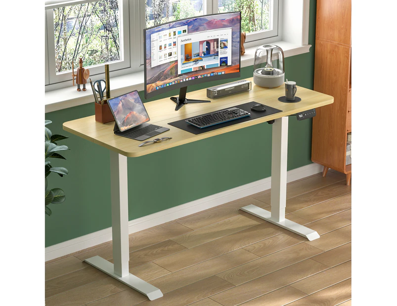 Ufurniture Electric Standing Desk Height Adjustable 140cm Splice Board White Frame/Oak Color Table Top