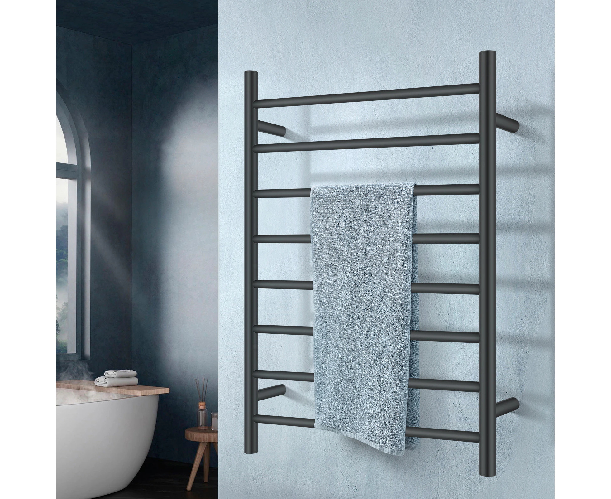 8 Bar Heated Towel Rail Wall Mounted Towel Electric Towel Rack Warmer Rack Drying Rack Aluminum Black