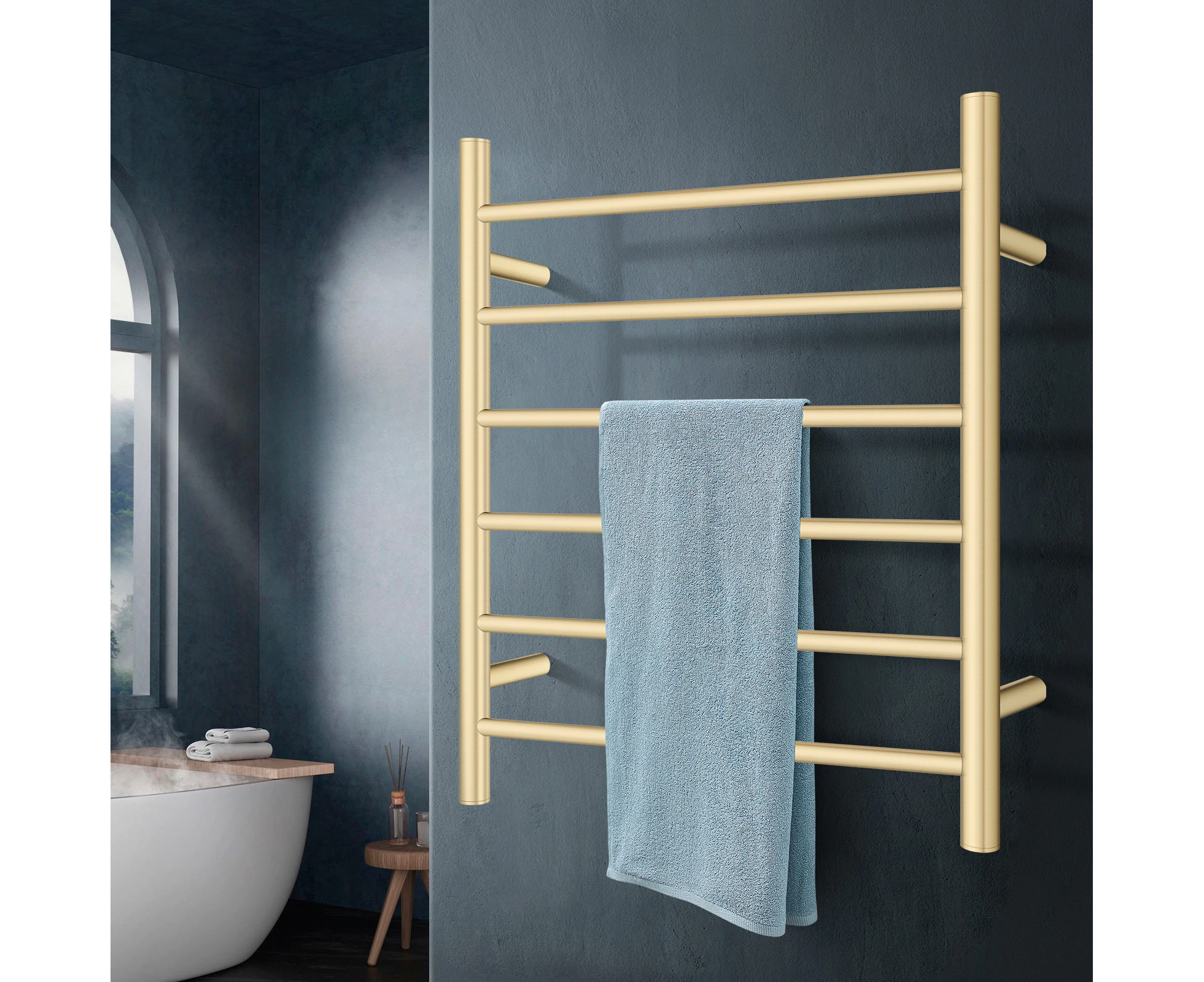 6 Bar Heated Towel Rail Wall Mounted Towel Electric Towel Rack Warmer Rack Drying Rack Aluminum Yellow Gold