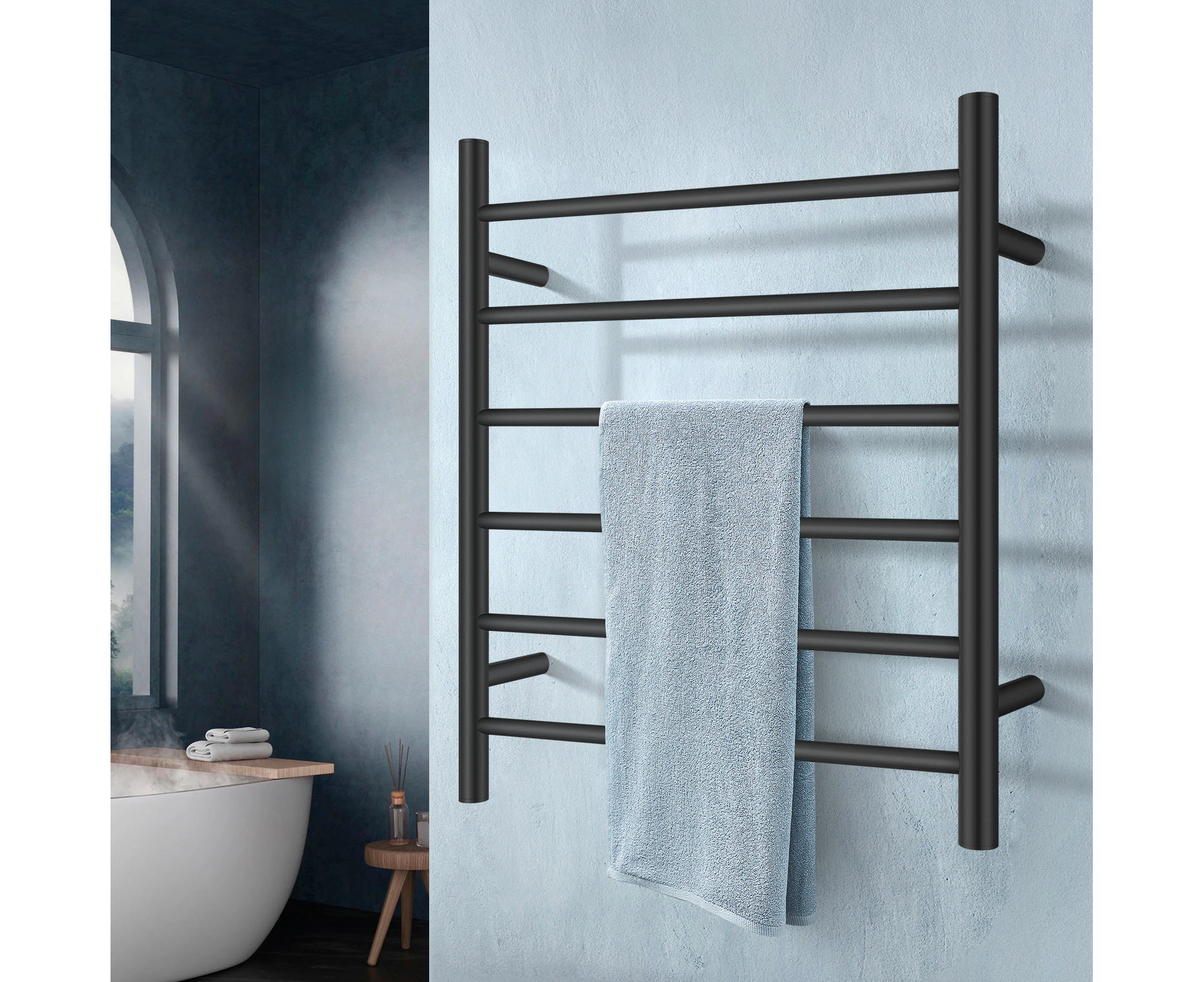 6 Bar Heated Towel Rail Wall Mounted Towel Electric Towel Rack Warmer Rack Drying Rack Aluminum Black