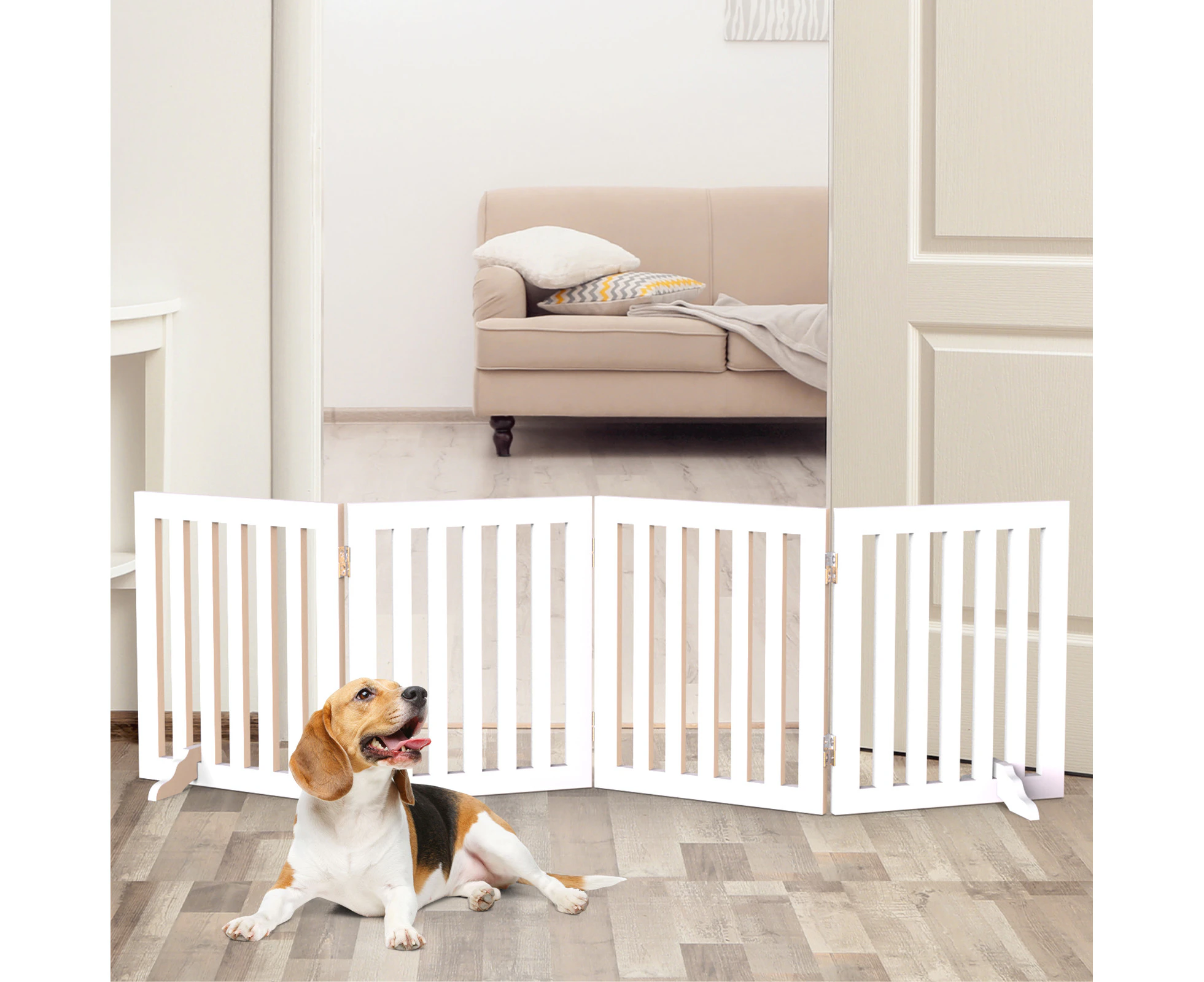 Oppsbuy Pet Gate 188x61x1.8cm Retractable Fence Barrier Safety Wooden Security Door 4 Panel