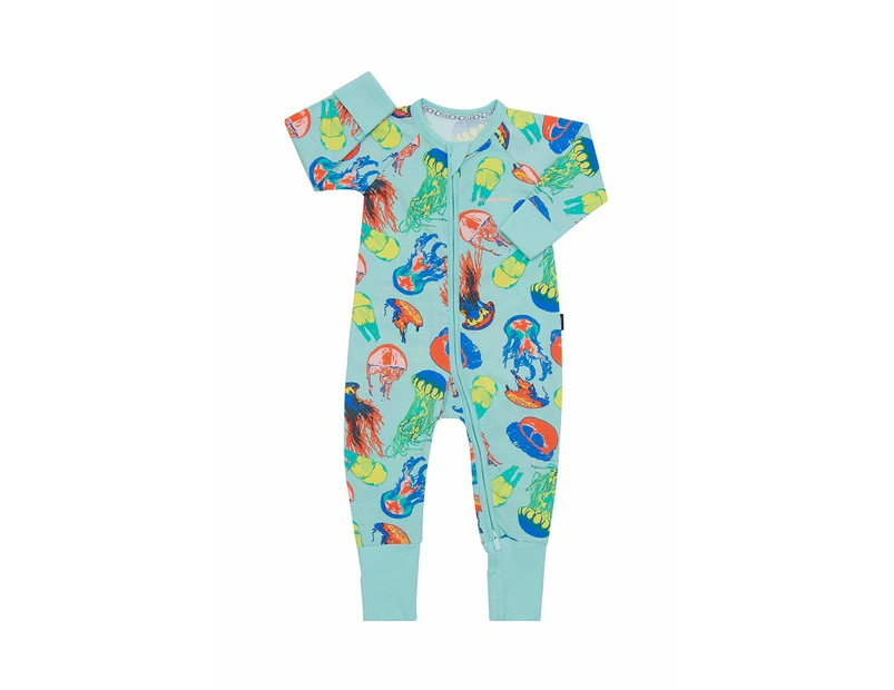 Unisex Baby & Toddler 2 x Bonds Baby 2-Way Zip Wondersuit Coverall Jellyfish Frenzy Mint Cotton/Elastane - Jellyfish Frenzy Mint