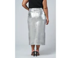 SUNDAY IN THE CITY Women's Peaches Silver Denim Midi Skirt