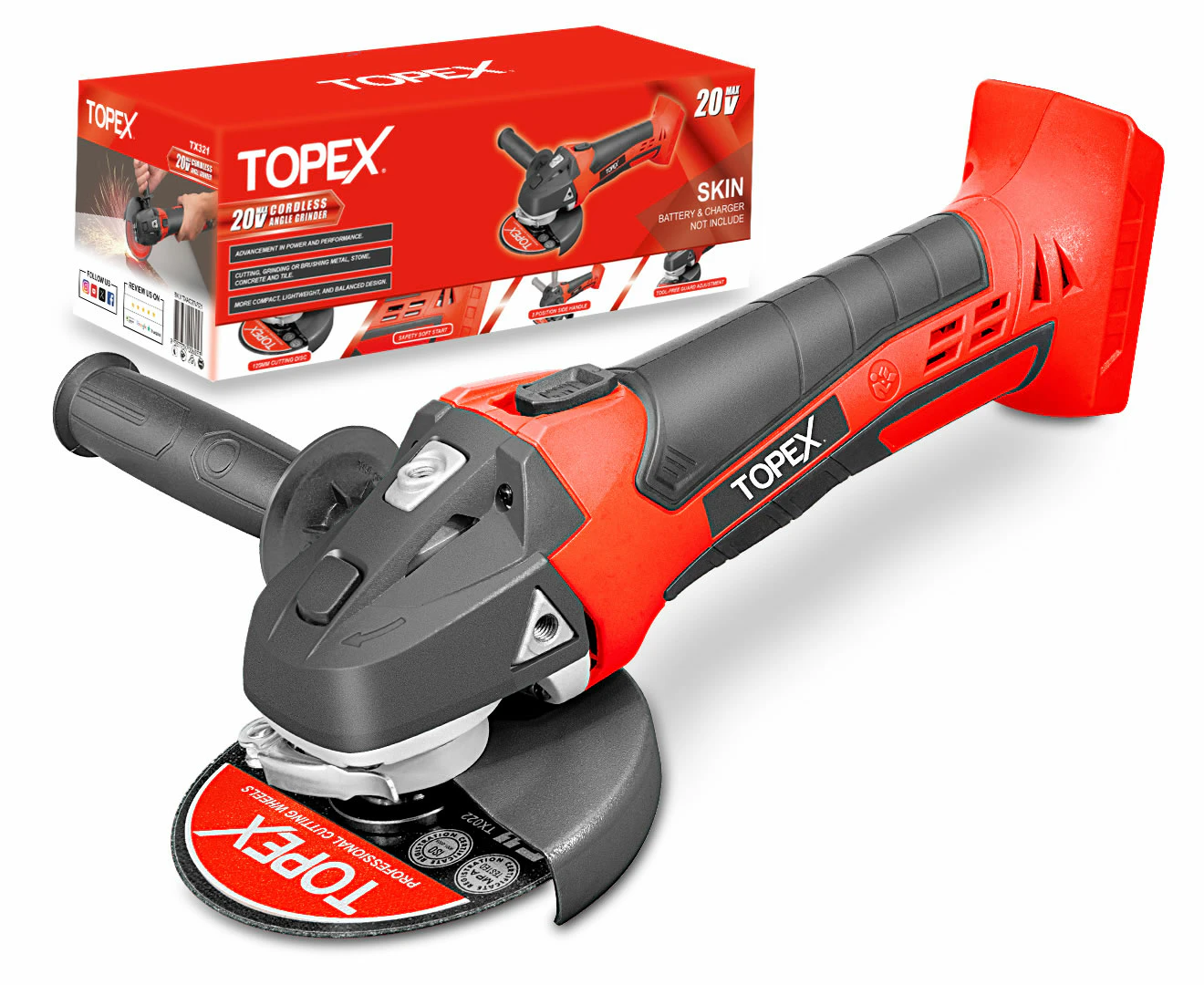 TOPEX 20V Cordless Angle Grinder 125mm Li-ion Grinding Cutting Power Tool Skin Only