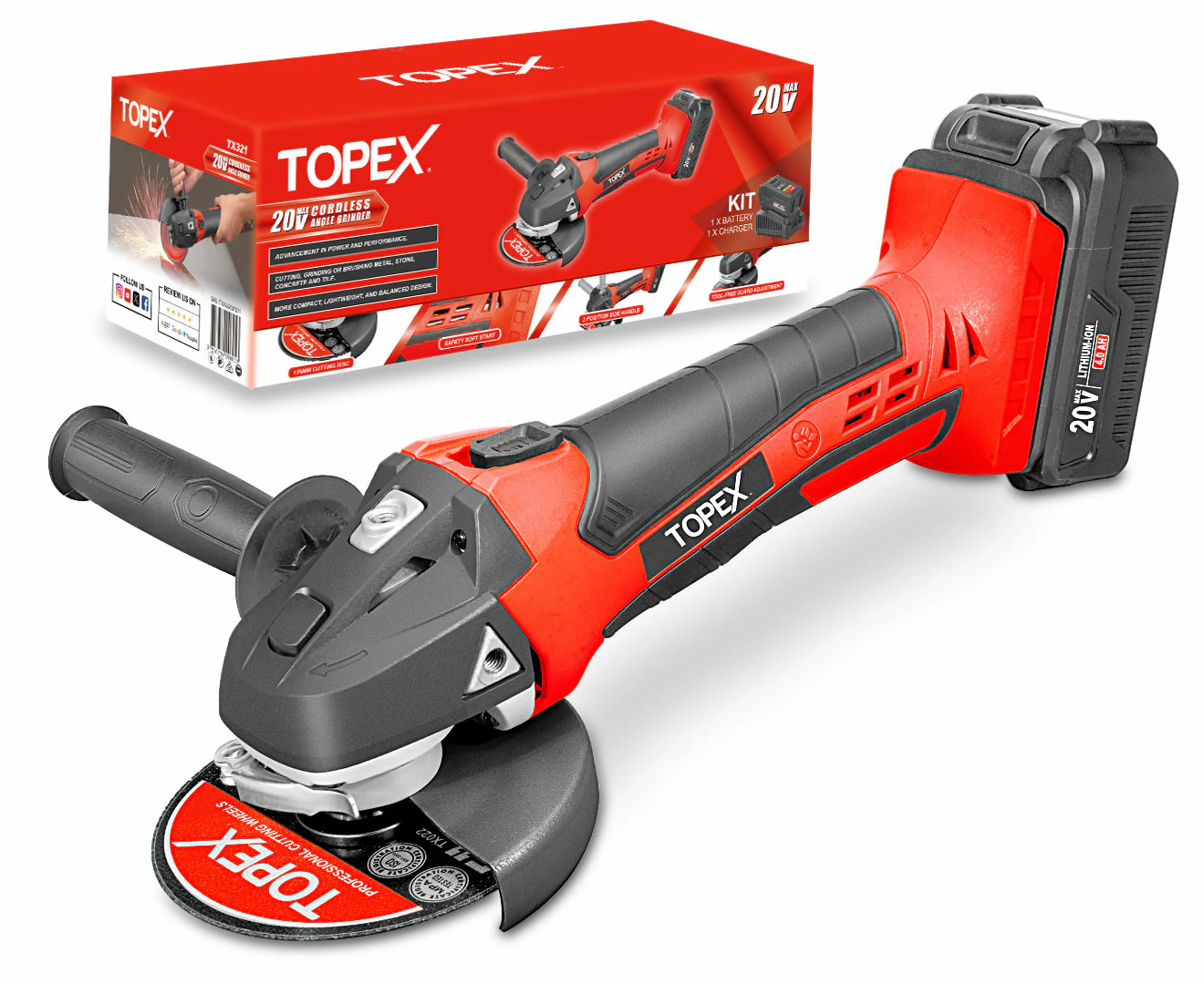 TOPEX 20V Cordless Angle Grinder 125mm Li-ion Grinding Cutting Power Tool